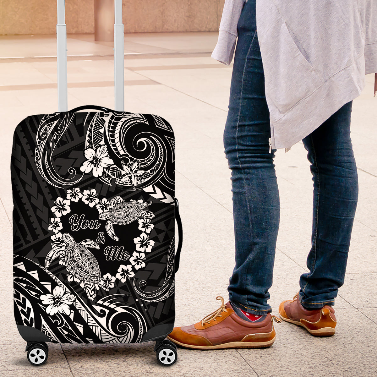 Polynesian Turtle Valentine Luggage Cover You And Me Hibiscus Heart LT01 Black - Polynesian Pride