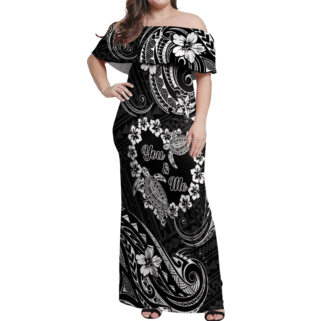 Polynesian Turtle Valentine Off Shoulder Maxi Dress You And Me Hibiscus Heart LT01 Women Black - Polynesian Pride