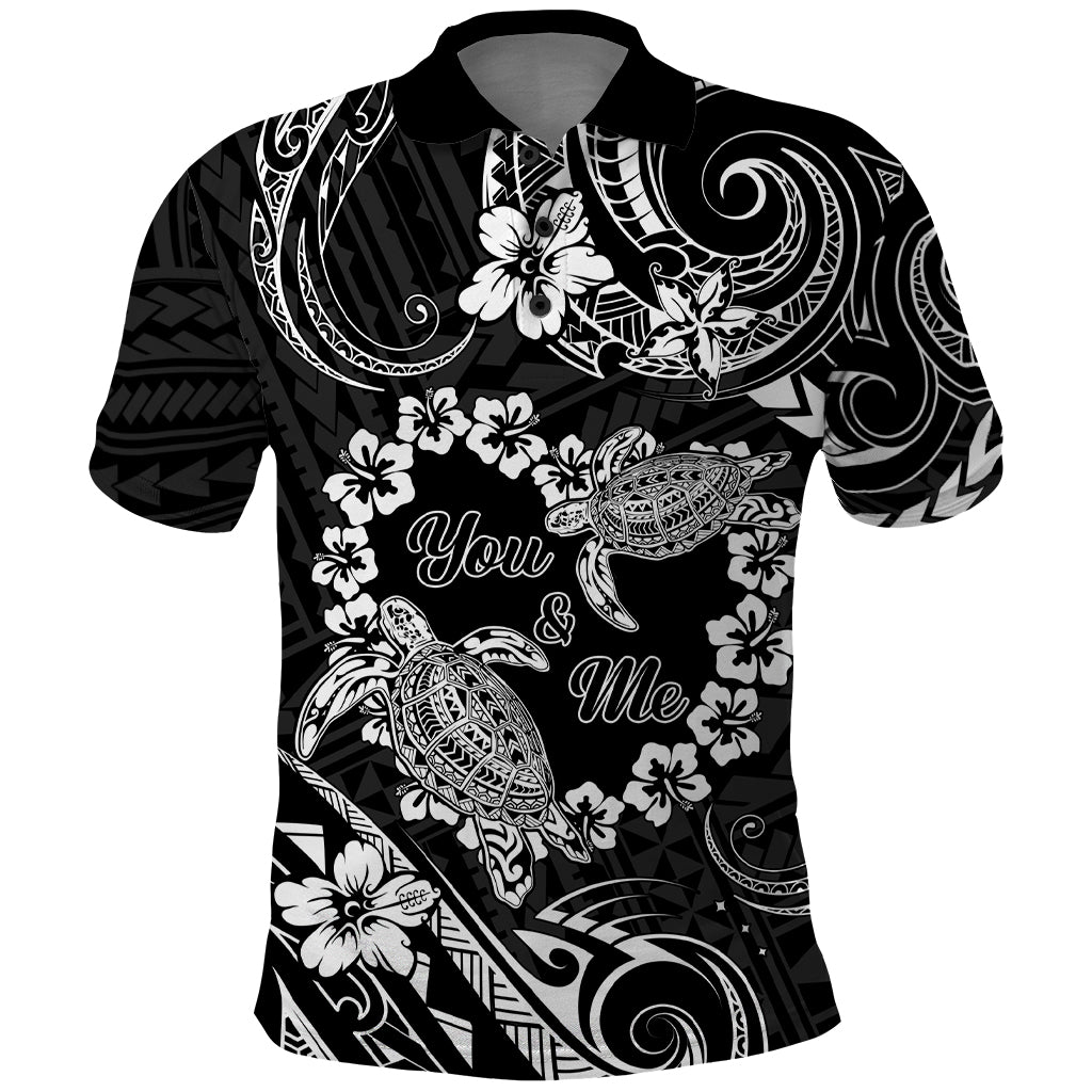 Polynesian Turtle Valentine Polo Shirt You And Me Hibiscus Heart LT01 Black - Polynesian Pride