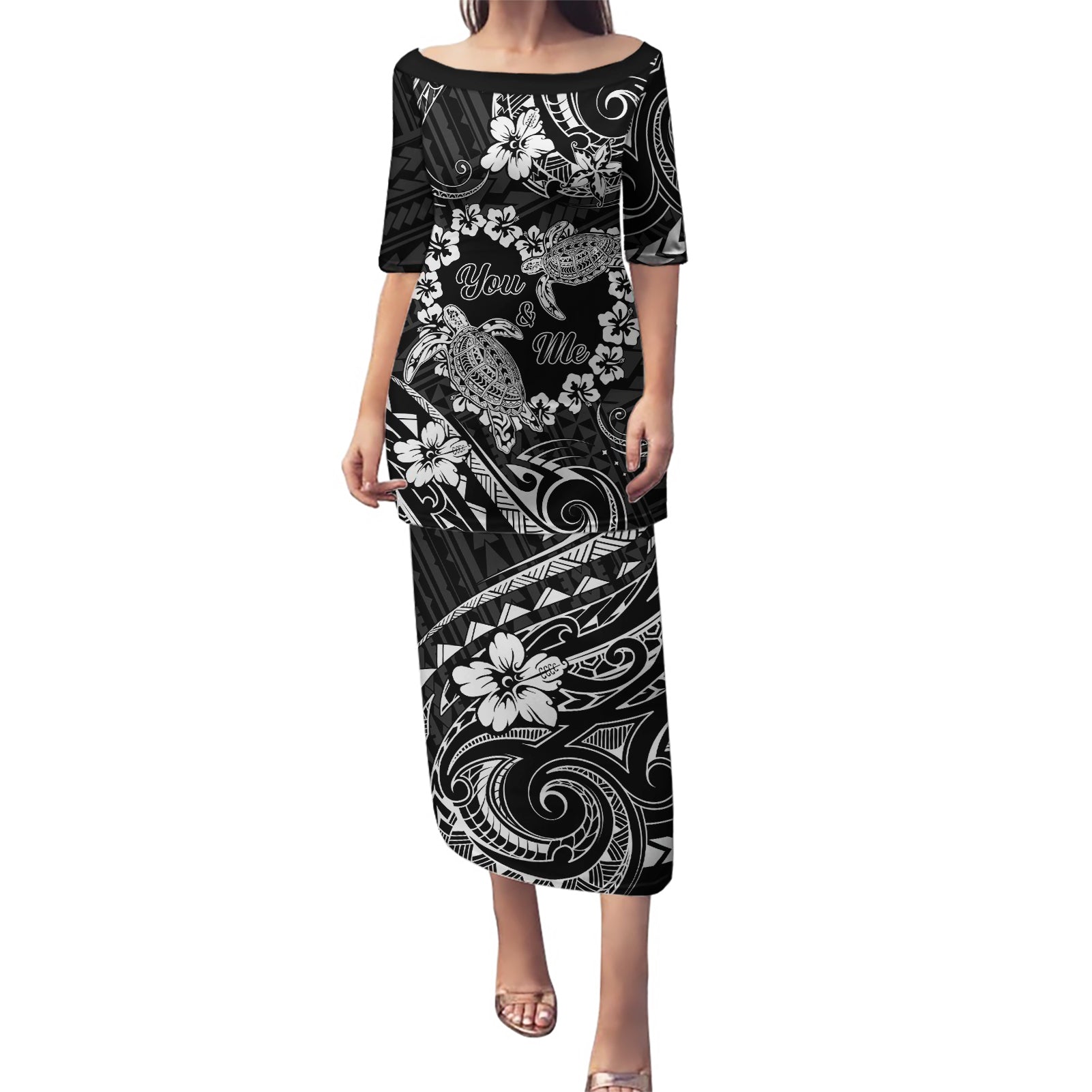 Polynesian Turtle Valentine Puletasi You And Me Hibiscus Heart LT01 Long Dress Black - Polynesian Pride