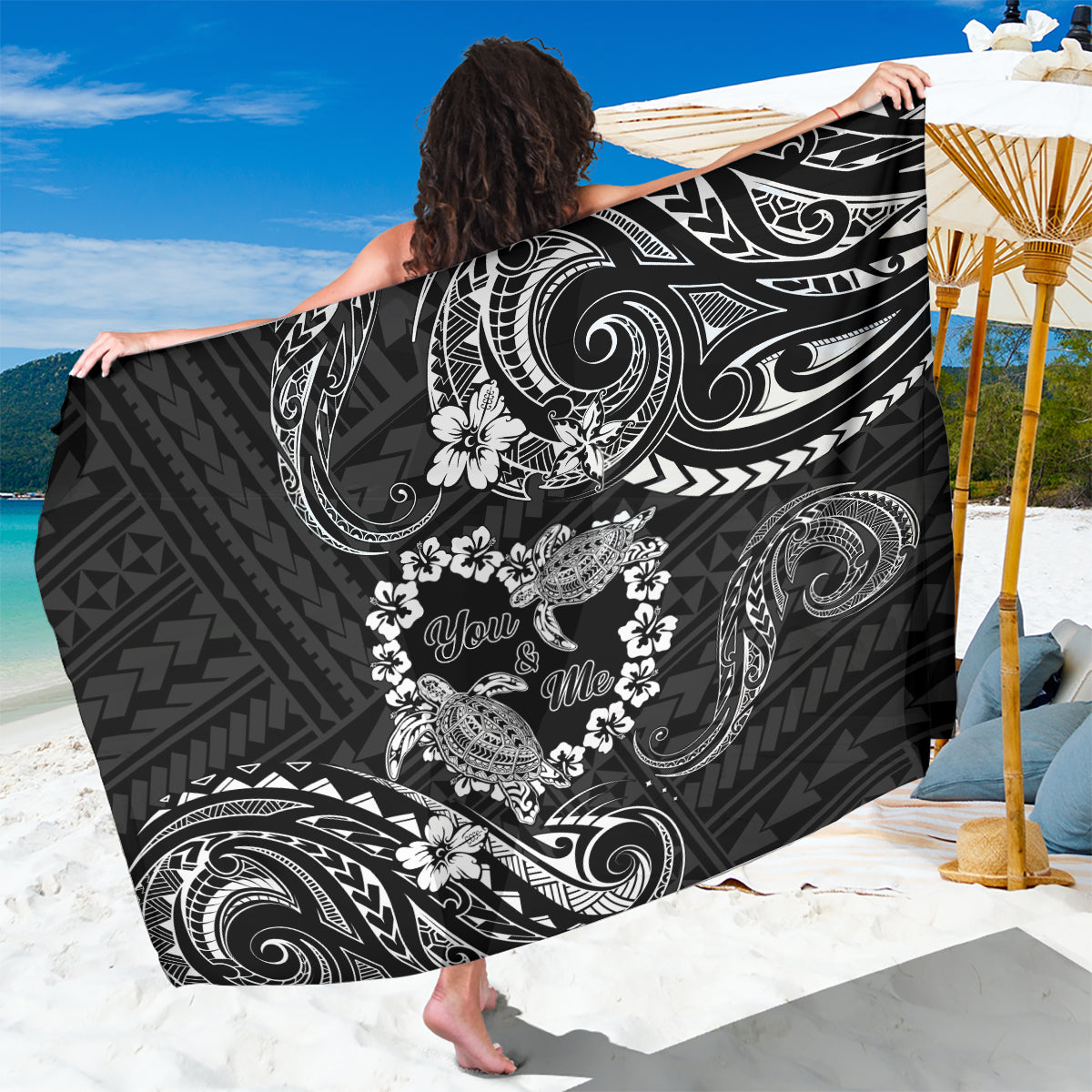 Polynesian Turtle Valentine Sarong You And Me Hibiscus Heart LT01 One Size 44 x 66 inches Black - Polynesian Pride