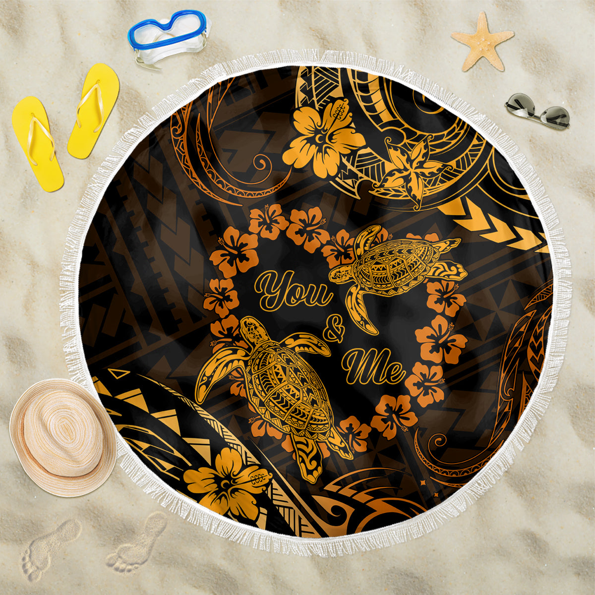 Polynesian Turtle Valentine Beach Blanket You And Me Gold Hibiscus Heart LT01 One Size 150cm Gold - Polynesian Pride