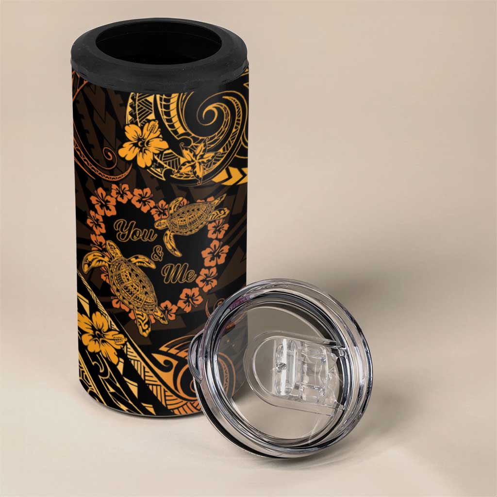 Polynesian Turtle Valentine 4 in 1 Can Cooler Tumbler You And Me Gold Hibiscus Heart