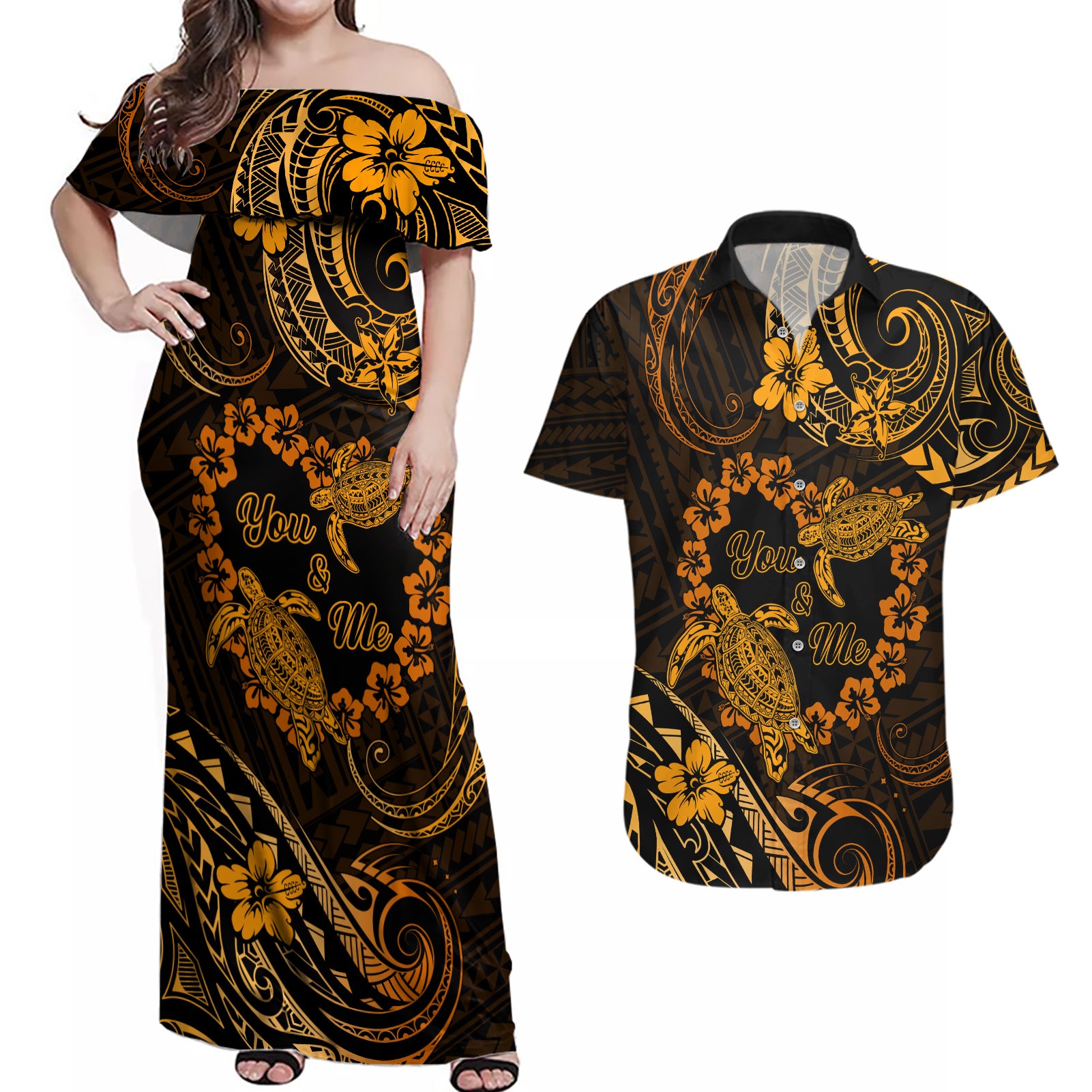 Polynesian Turtle Valentine Couples Matching Off Shoulder Maxi Dress and Hawaiian Shirt You And Me Gold Hibiscus Heart LT01 Gold - Polynesian Pride