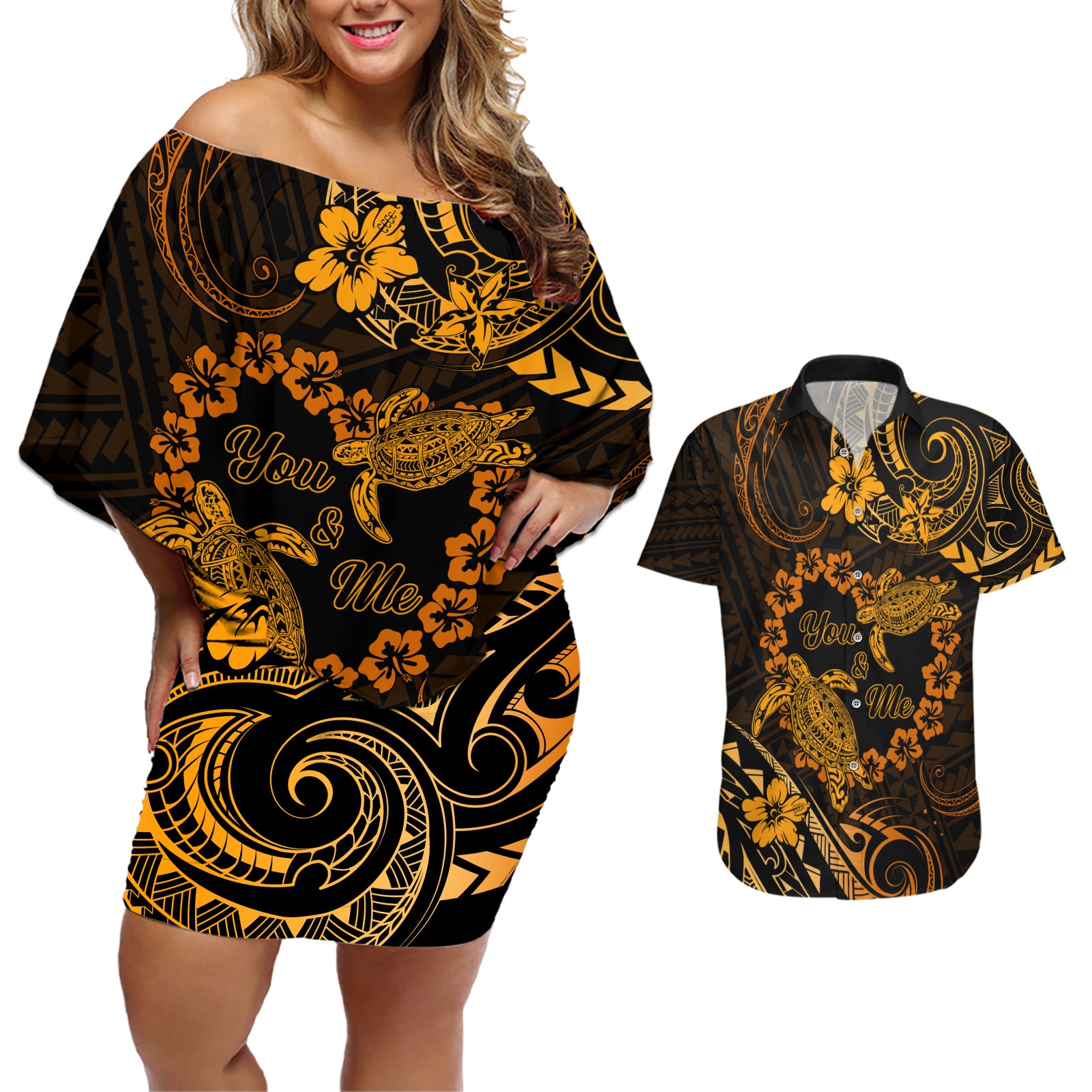 Polynesian Turtle Valentine Couples Matching Off Shoulder Short Dress and Hawaiian Shirt You And Me Gold Hibiscus Heart LT01 Gold - Polynesian Pride