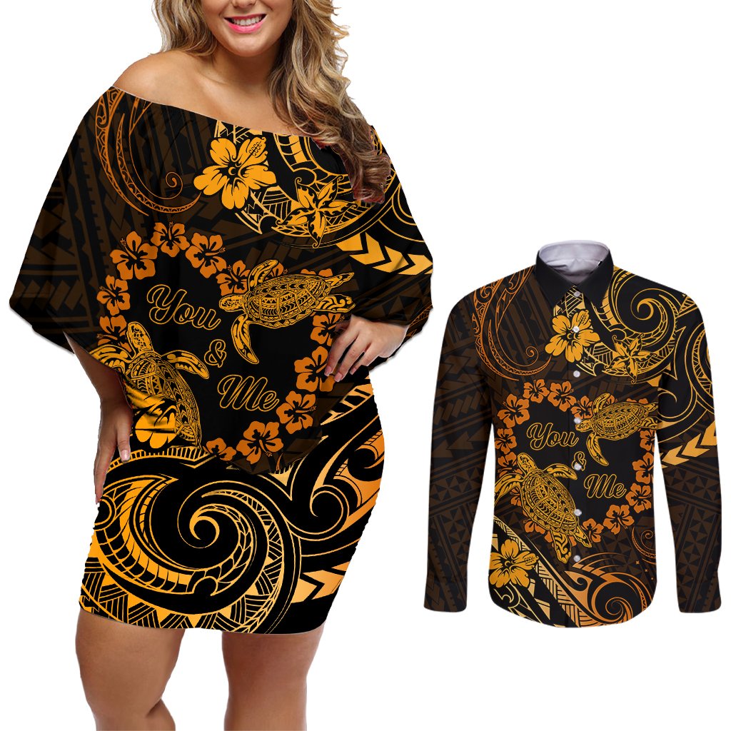 Polynesian Turtle Valentine Couples Matching Off Shoulder Short Dress and Long Sleeve Button Shirt You And Me Gold Hibiscus Heart LT01 Gold - Polynesian Pride