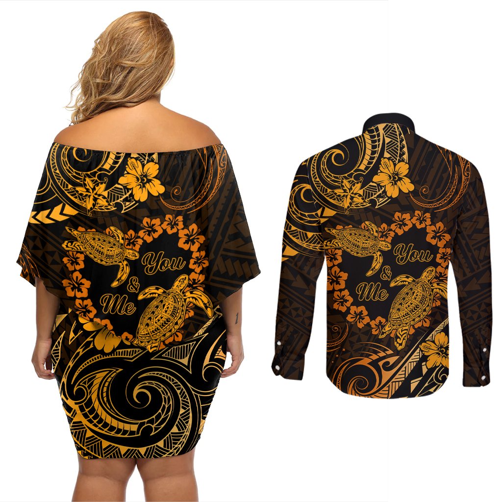 Polynesian Turtle Valentine Couples Matching Off Shoulder Short Dress and Long Sleeve Button Shirt You And Me Gold Hibiscus Heart LT01 - Polynesian Pride