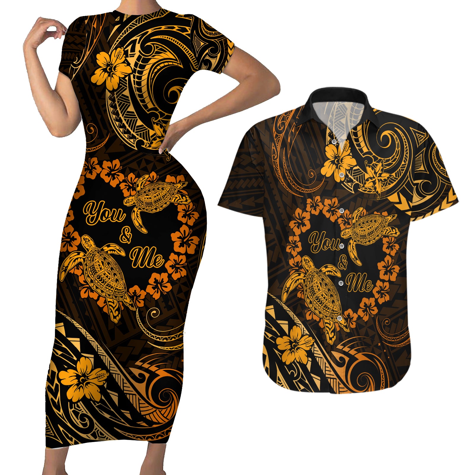 Polynesian Turtle Valentine Couples Matching Short Sleeve Bodycon Dress and Hawaiian Shirt You And Me Gold Hibiscus Heart LT01 Gold - Polynesian Pride