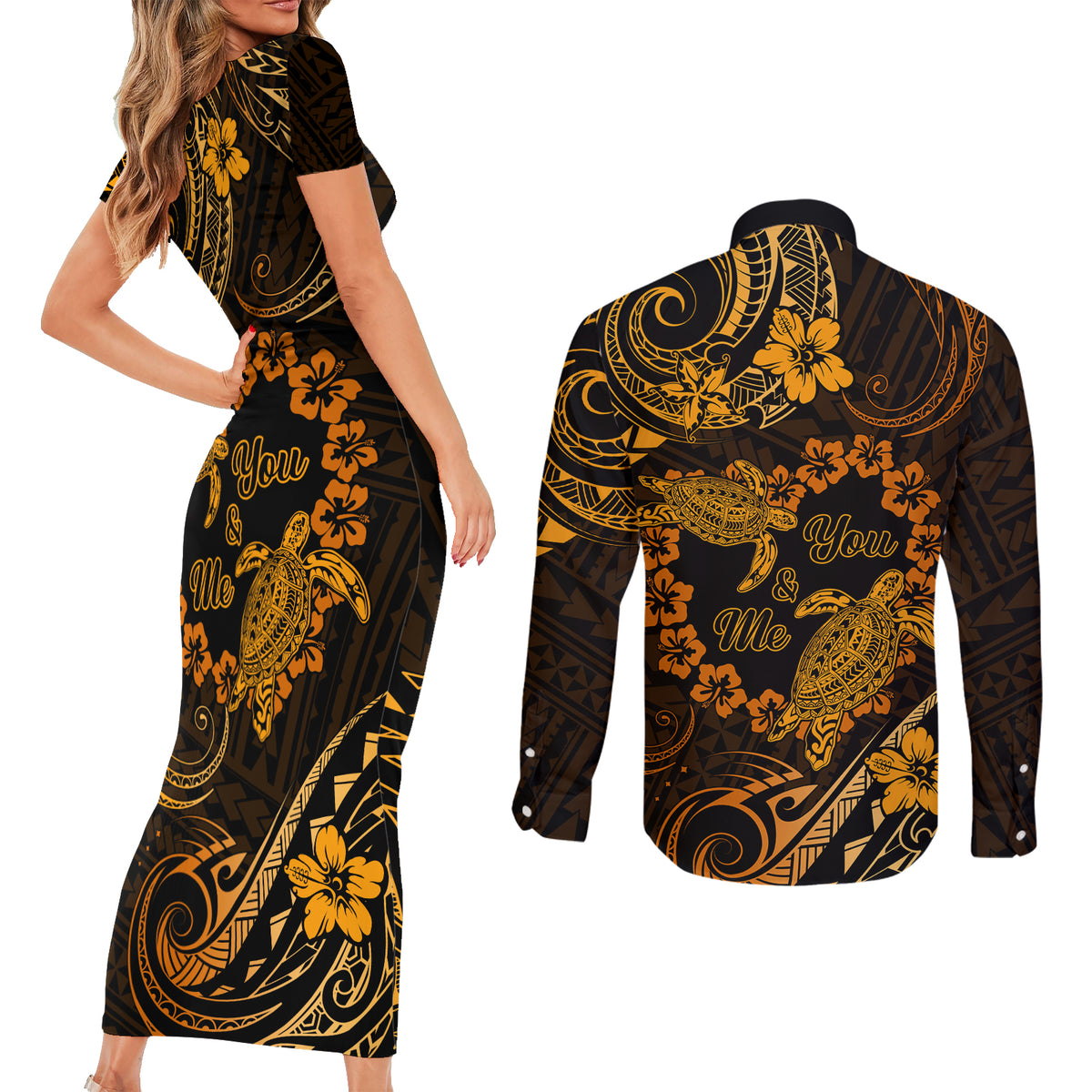 Polynesian Turtle Valentine Couples Matching Short Sleeve Bodycon Dress and Long Sleeve Button Shirt You And Me Gold Hibiscus Heart LT01 - Polynesian Pride