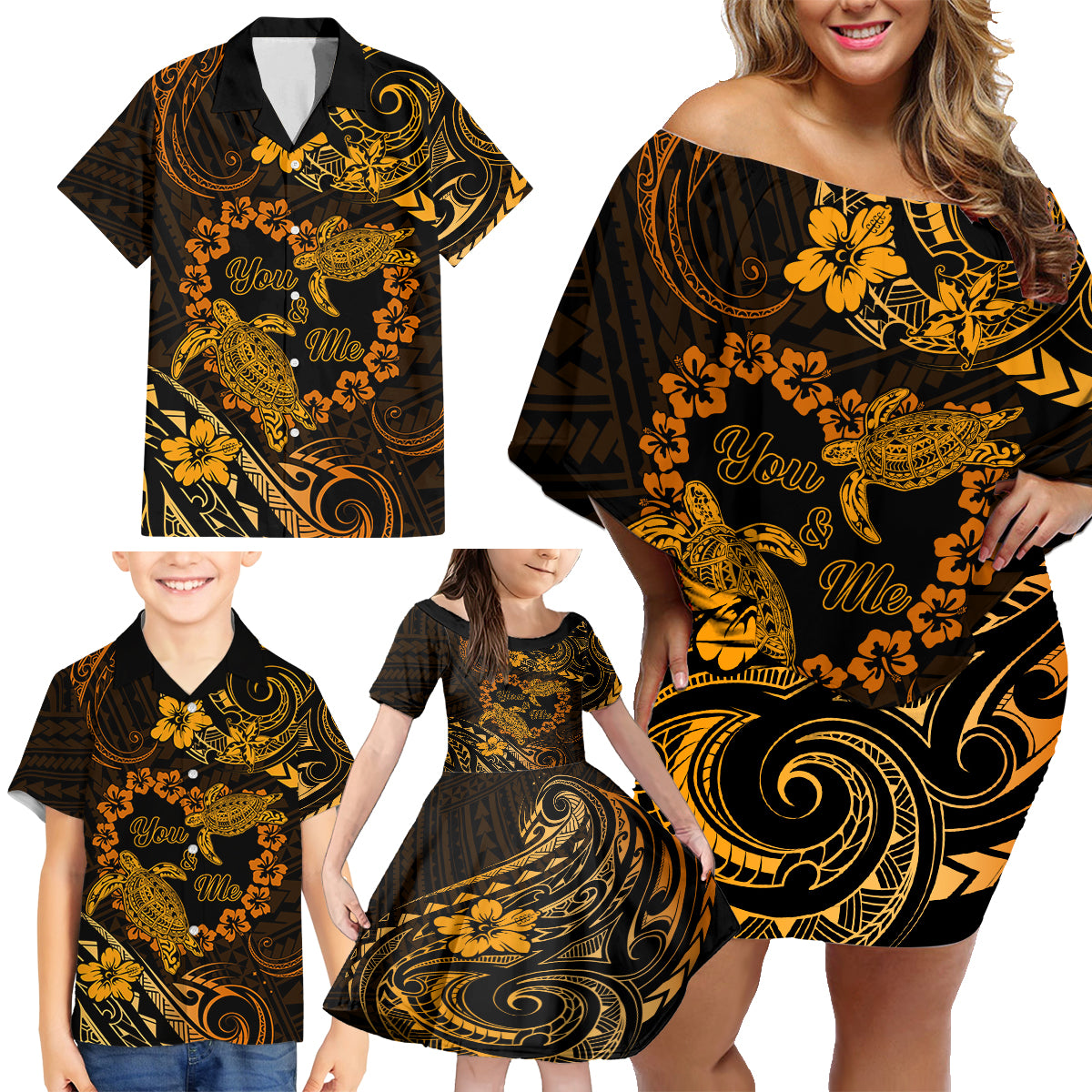 Polynesian Turtle Valentine Family Matching Off Shoulder Short Dress and Hawaiian Shirt You And Me Gold Hibiscus Heart LT01 - Polynesian Pride