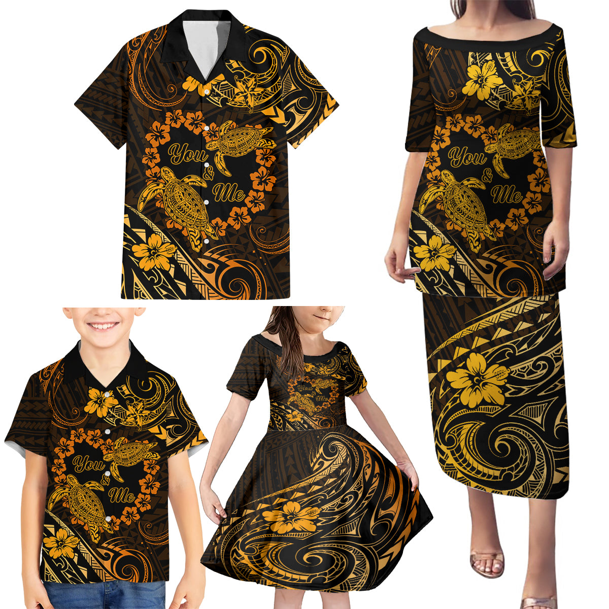 Polynesian Turtle Valentine Family Matching Puletasi and Hawaiian Shirt You And Me Gold Hibiscus Heart LT01 - Polynesian Pride