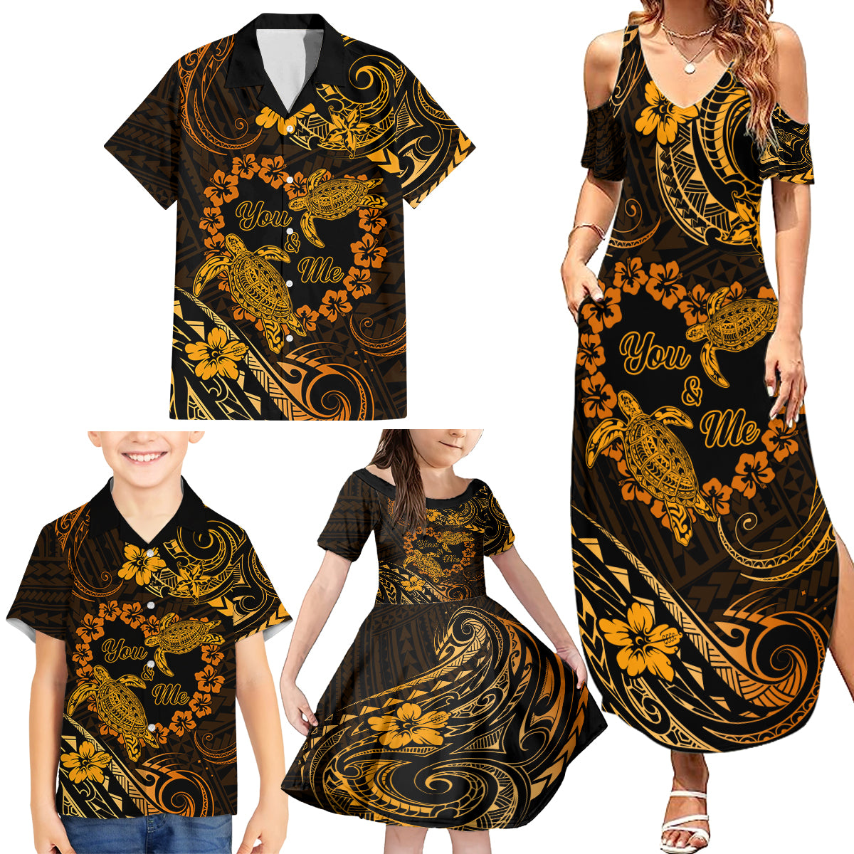 Polynesian Turtle Valentine Family Matching Summer Maxi Dress and Hawaiian Shirt You And Me Gold Hibiscus Heart LT01 - Polynesian Pride