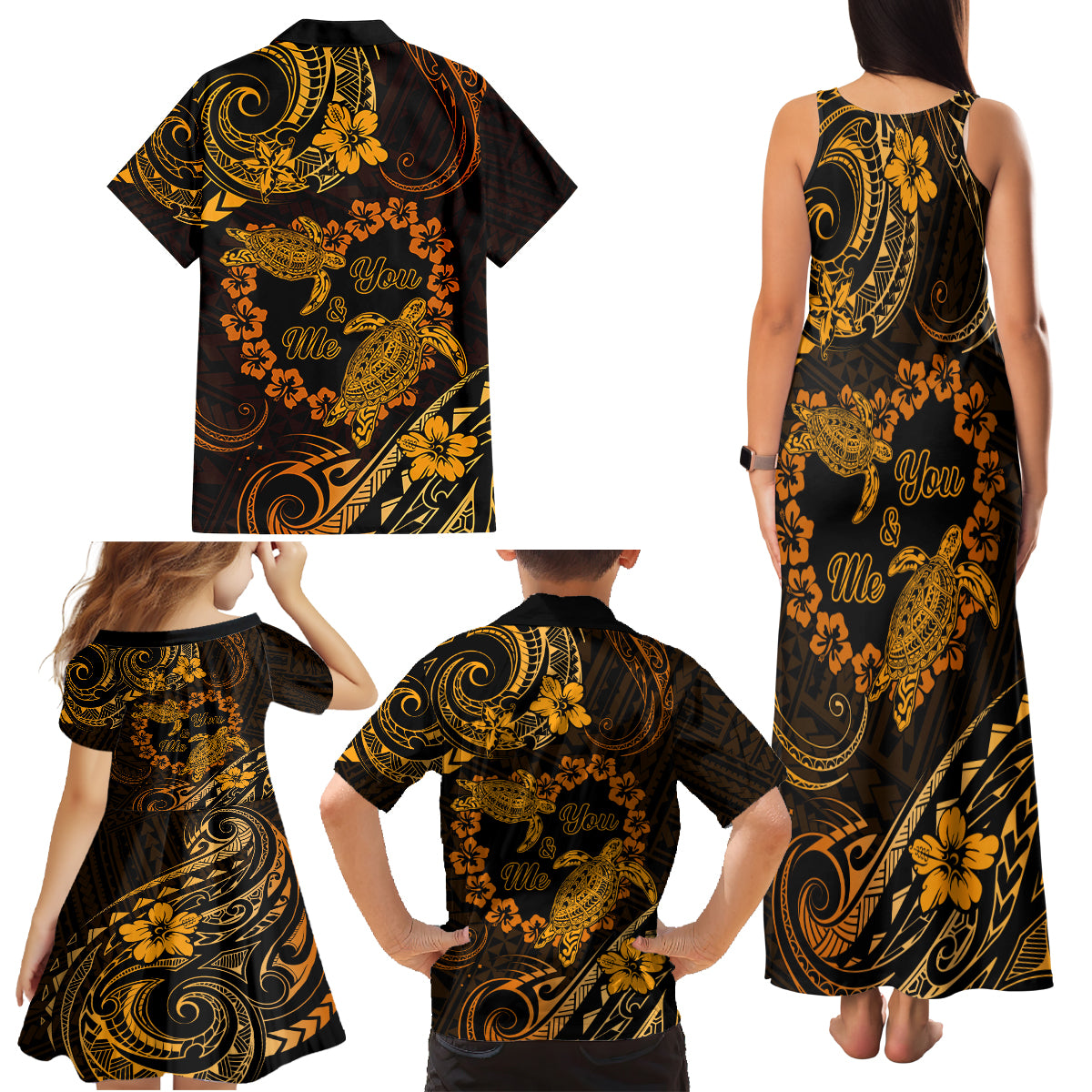 Polynesian Turtle Valentine Family Matching Tank Maxi Dress and Hawaiian Shirt You And Me Gold Hibiscus Heart LT01 - Polynesian Pride