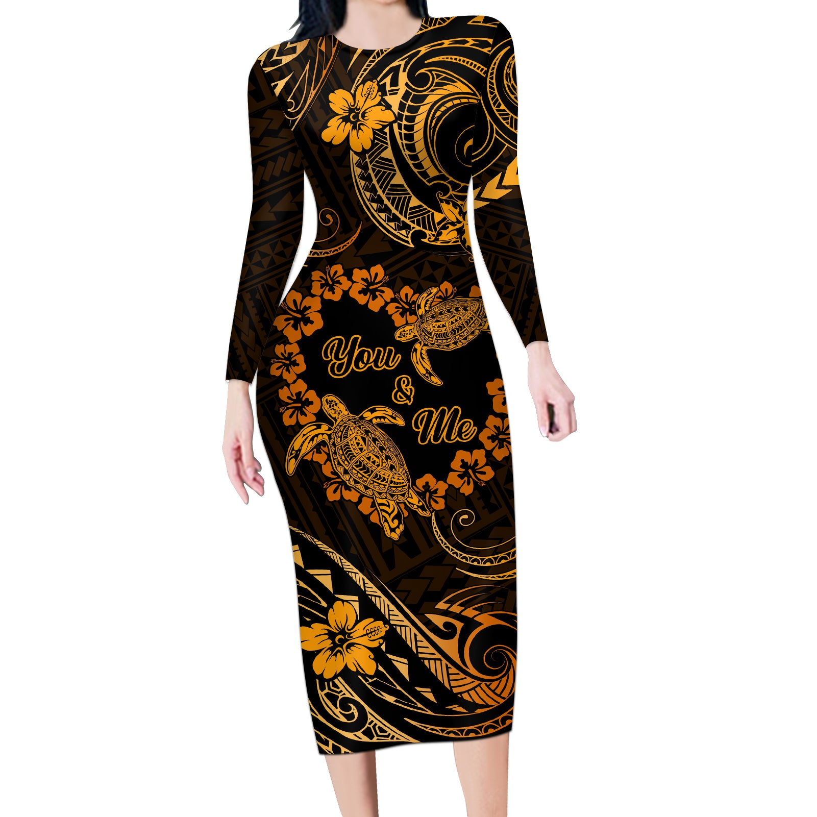 Polynesian Turtle Valentine Long Sleeve Bodycon Dress You And Me Gold Hibiscus Heart LT01 Long Dress Gold - Polynesian Pride