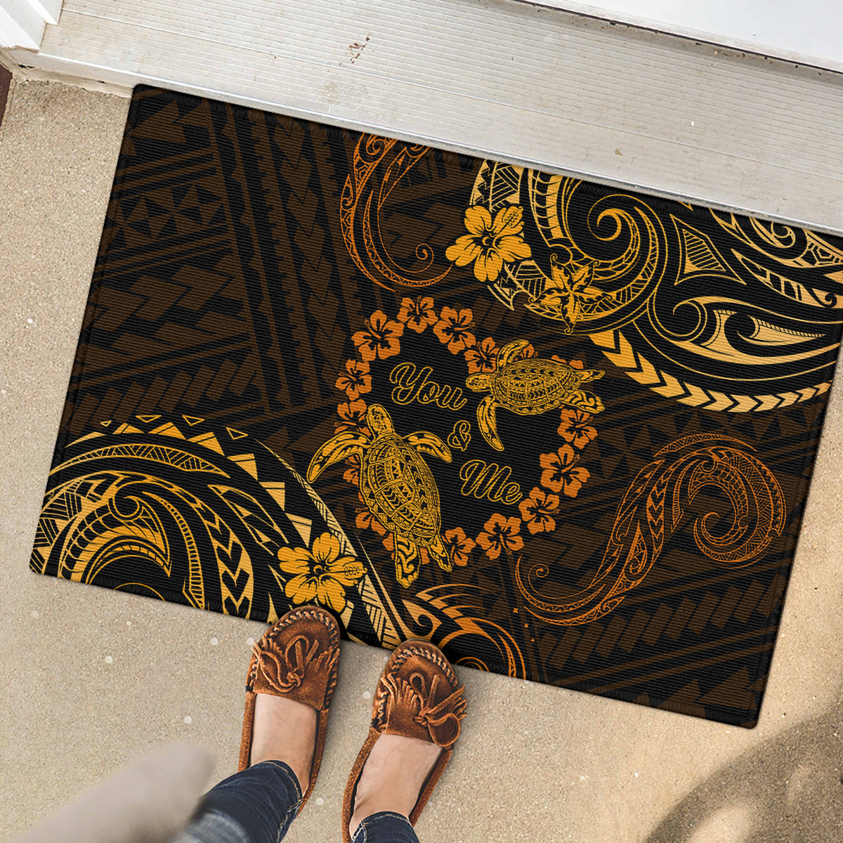 Polynesian Turtle Valentine Rubber Doormat You And Me Gold Hibiscus Heart LT01 - Polynesian Pride