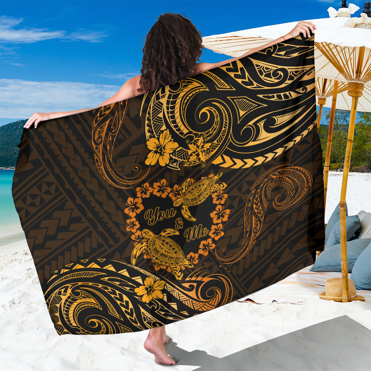 Polynesian Turtle Valentine Sarong You And Me Gold Hibiscus Heart LT01 One Size 44 x 66 inches Gold - Polynesian Pride