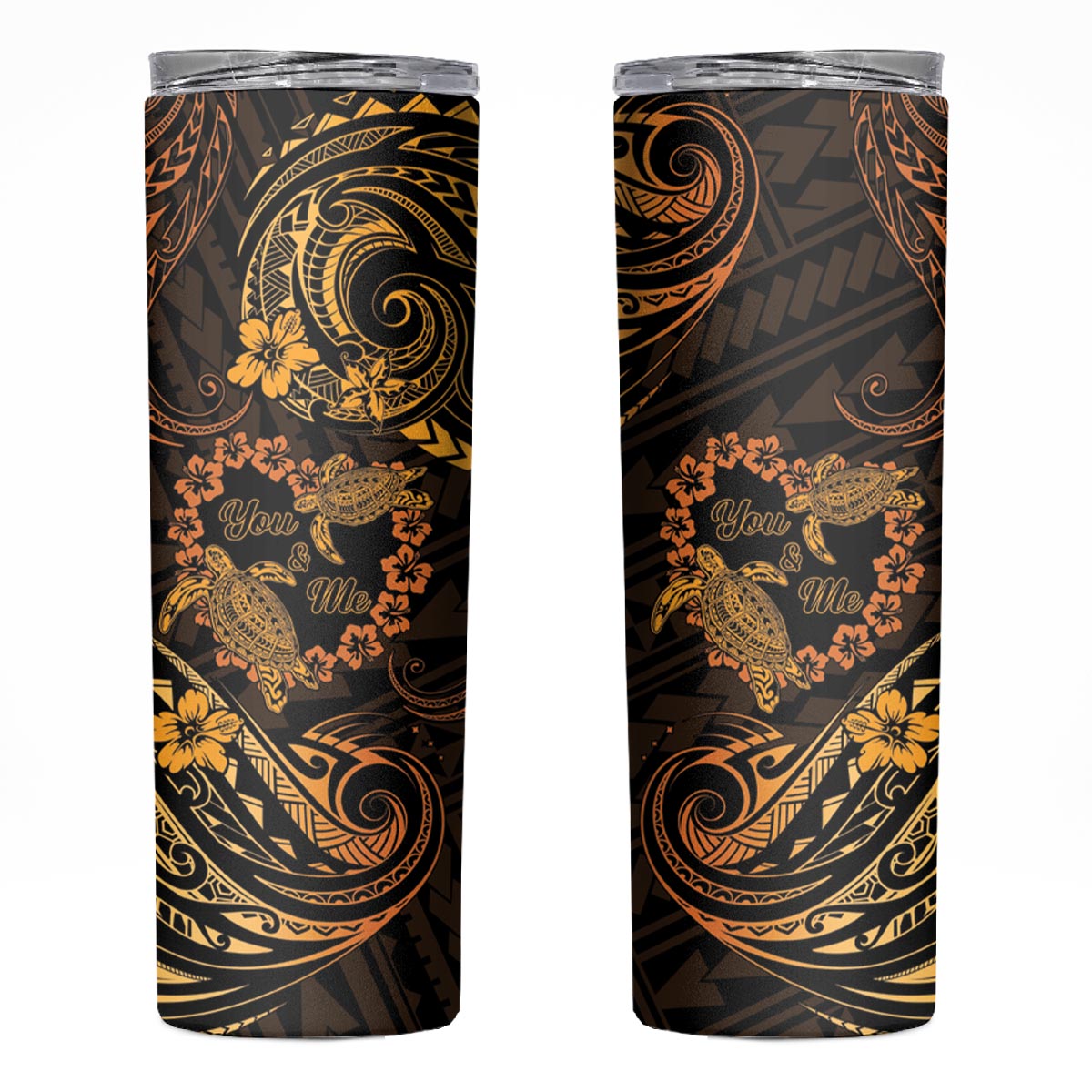 Polynesian Turtle Valentine Skinny Tumbler You And Me Gold Hibiscus Heart