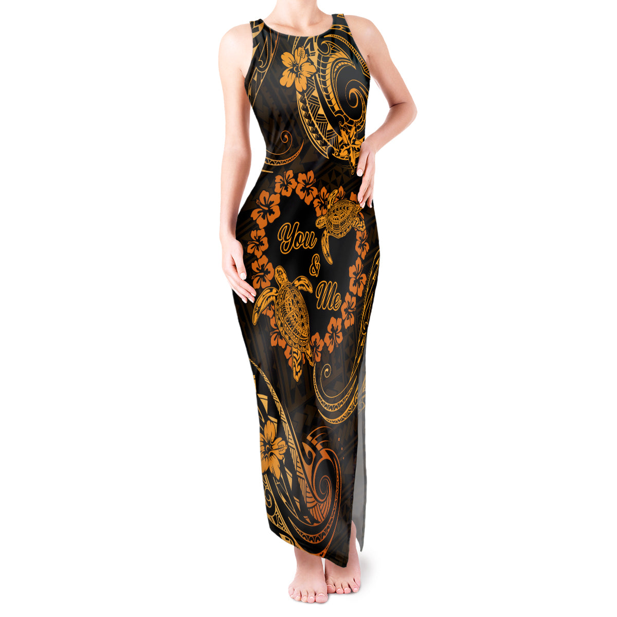 Polynesian Turtle Valentine Tank Maxi Dress You And Me Gold Hibiscus Heart LT01 Women Gold - Polynesian Pride