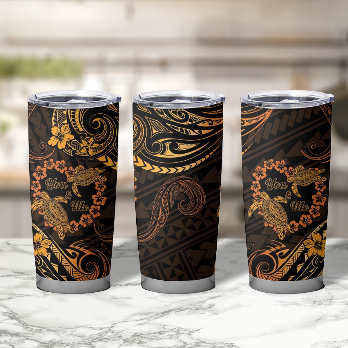Polynesian Turtle Valentine Tumbler Cup You And Me Gold Hibiscus Heart LT01 - Polynesian Pride