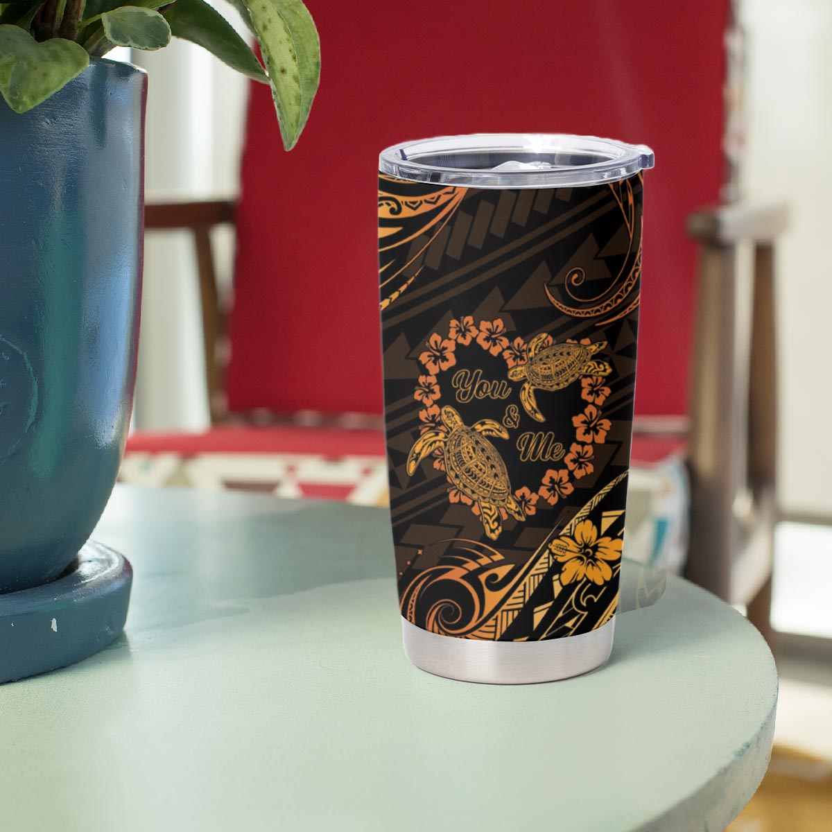Polynesian Turtle Valentine Tumbler Cup You And Me Gold Hibiscus Heart LT01 - Polynesian Pride