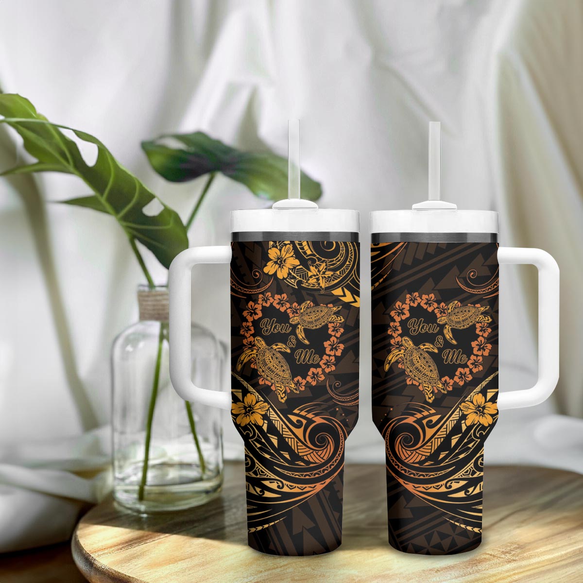 Polynesian Turtle Valentine Tumbler With Handle You And Me Gold Hibiscus Heart LT01 - Polynesian Pride