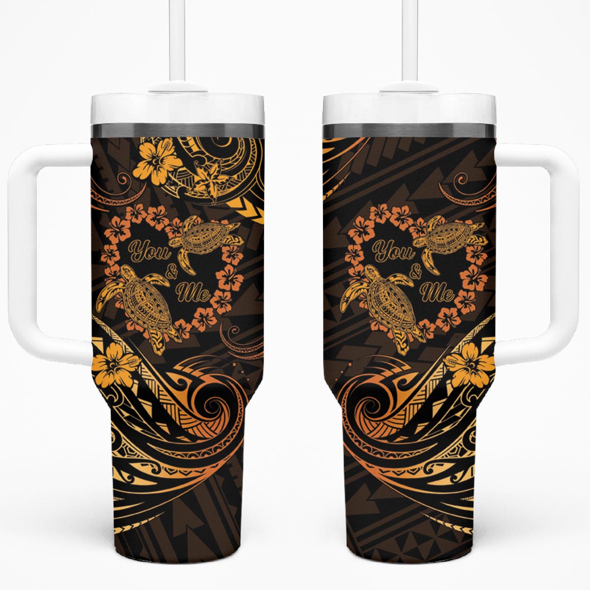 Polynesian Turtle Valentine Tumbler With Handle You And Me Gold Hibiscus Heart LT01 One Size: 40 oz Gold - Polynesian Pride