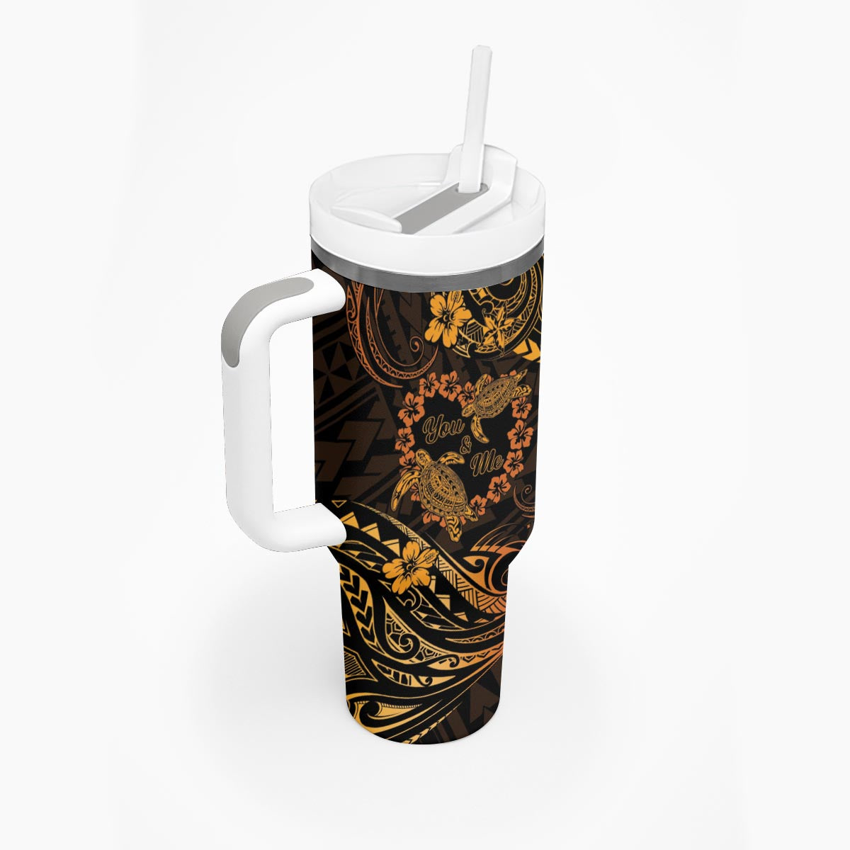 Polynesian Turtle Valentine Tumbler With Handle You And Me Gold Hibiscus Heart LT01 - Polynesian Pride