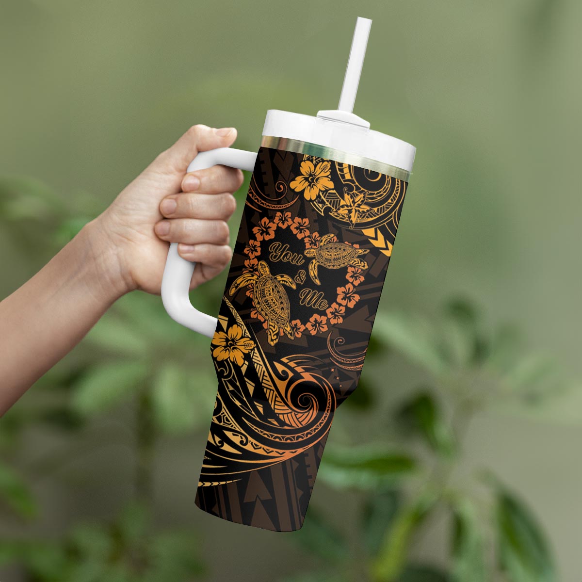 Polynesian Turtle Valentine Tumbler With Handle You And Me Gold Hibiscus Heart LT01 - Polynesian Pride