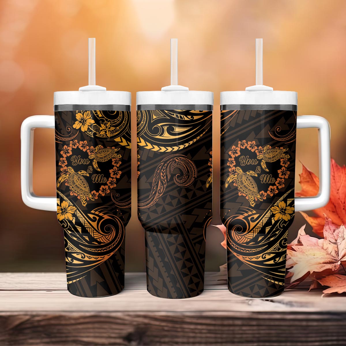 Polynesian Turtle Valentine Tumbler With Handle You And Me Gold Hibiscus Heart LT01 - Polynesian Pride