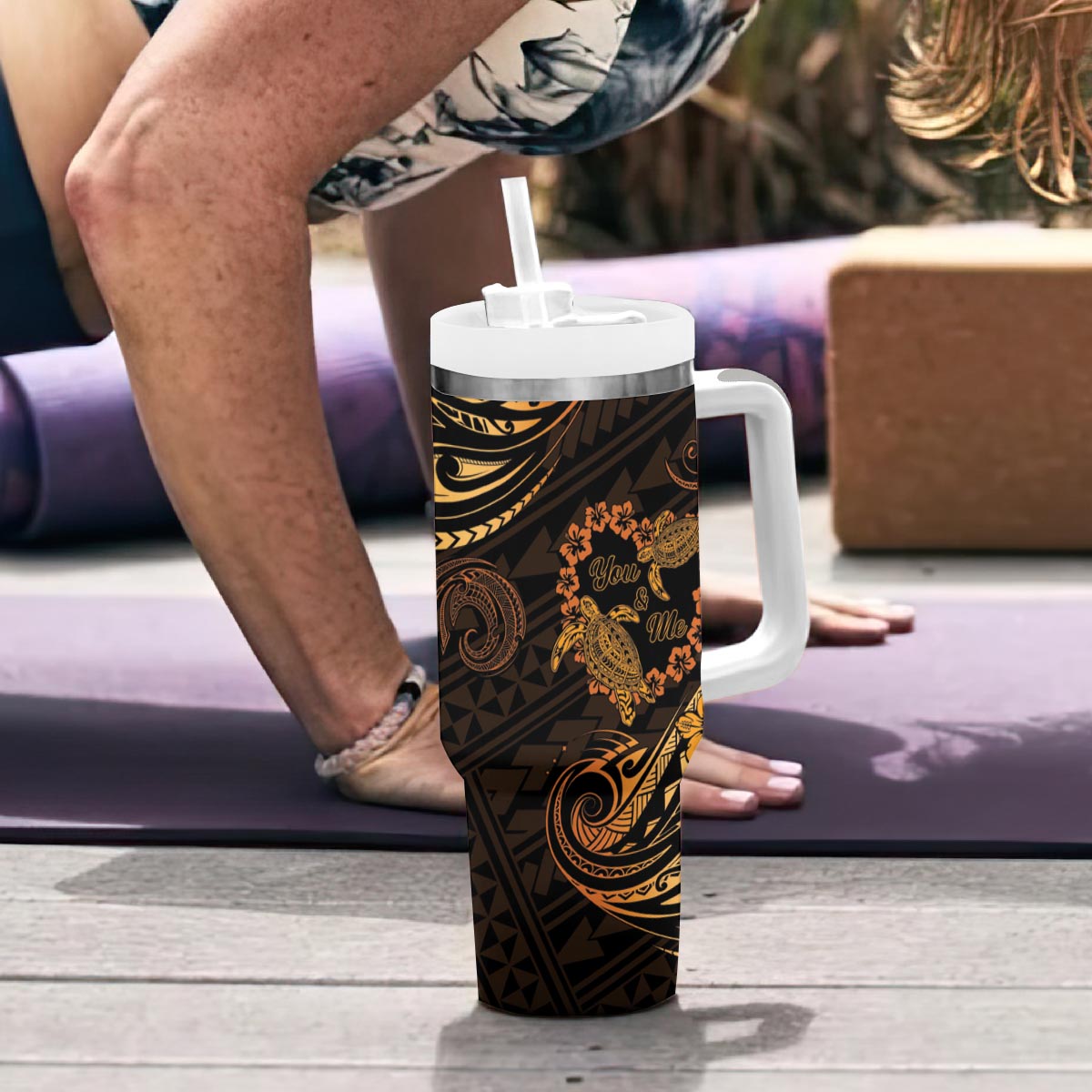 Polynesian Turtle Valentine Tumbler With Handle You And Me Gold Hibiscus Heart LT01 - Polynesian Pride