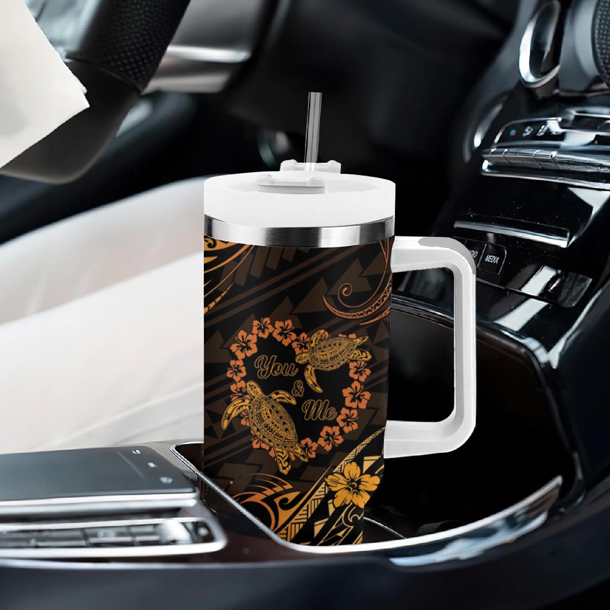 Polynesian Turtle Valentine Tumbler With Handle You And Me Gold Hibiscus Heart LT01 - Polynesian Pride