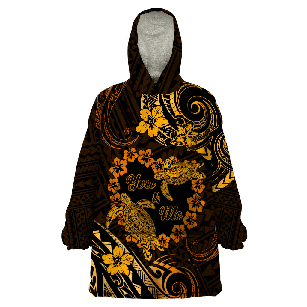 Polynesian Turtle Valentine Wearable Blanket Hoodie You And Me Gold Hibiscus Heart LT01 One Size Gold - Polynesian Pride