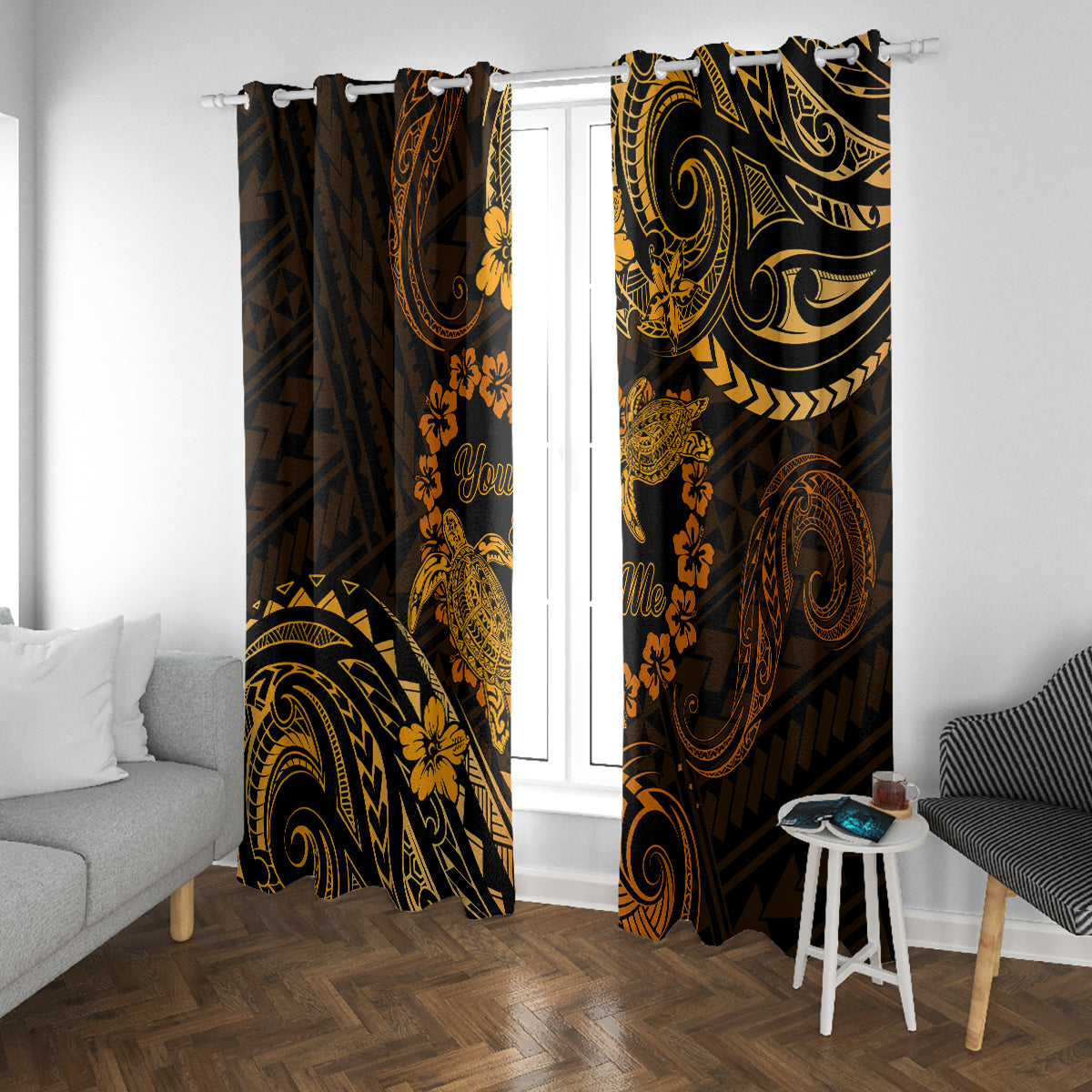 Polynesian Turtle Valentine Window Curtain You And Me Gold Hibiscus Heart LT01 With Grommets Gold - Polynesian Pride