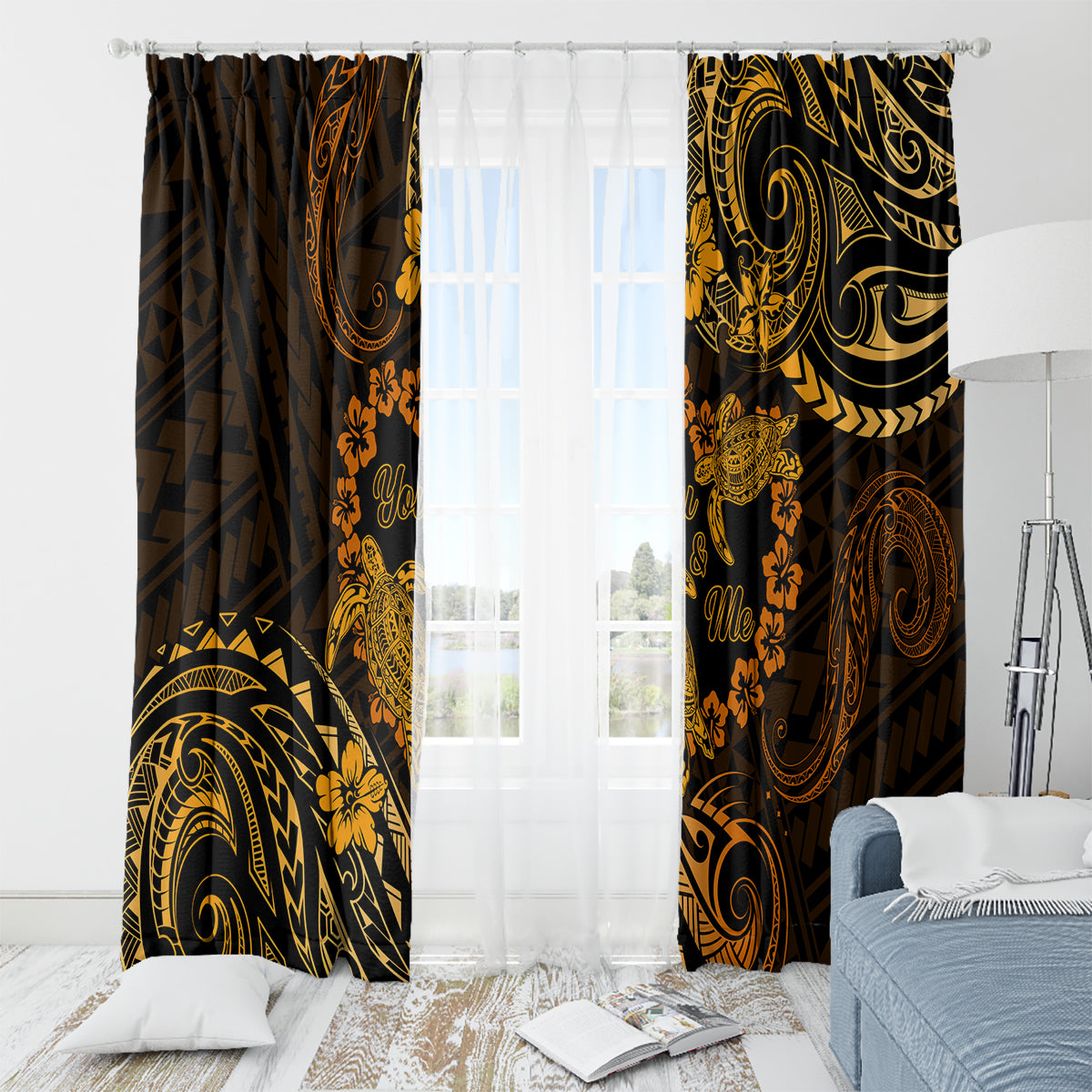 Polynesian Turtle Valentine Window Curtain You And Me Gold Hibiscus Heart LT01 - Polynesian Pride