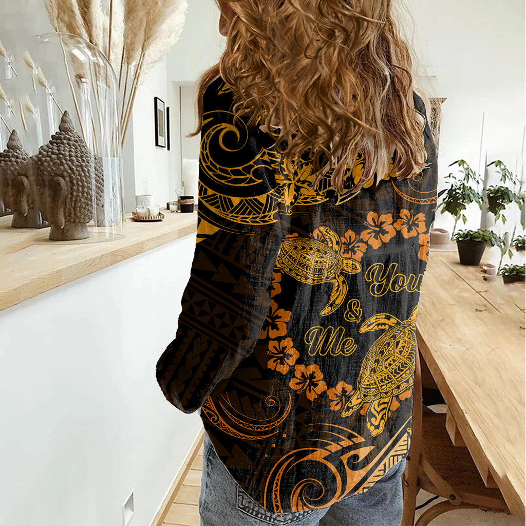 Polynesian Turtle Valentine Women Casual Shirt You And Me Gold Hibiscus Heart LT01 - Polynesian Pride