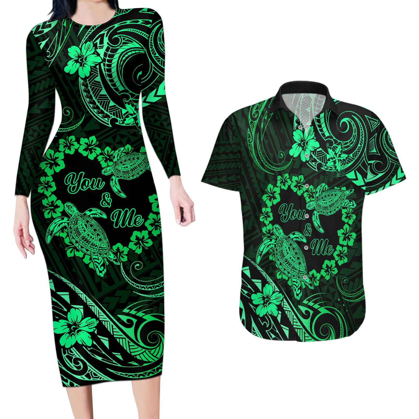 Polynesian Turtle Valentine Couples Matching Long Sleeve Bodycon Dress and Hawaiian Shirt You And Me Green Hibiscus Heart LT01 Green - Polynesian Pride