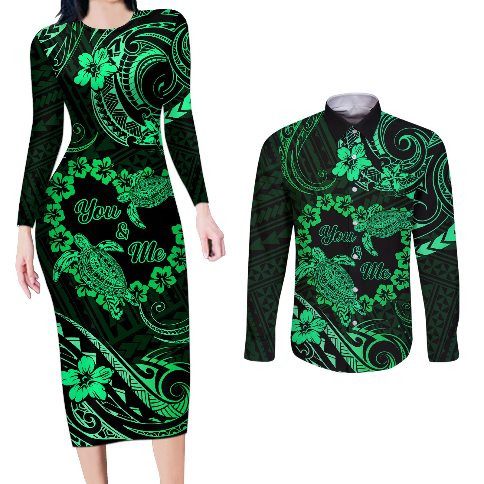 Polynesian Turtle Valentine Couples Matching Long Sleeve Bodycon Dress and Long Sleeve Button Shirt You And Me Green Hibiscus Heart LT01 Green - Polynesian Pride