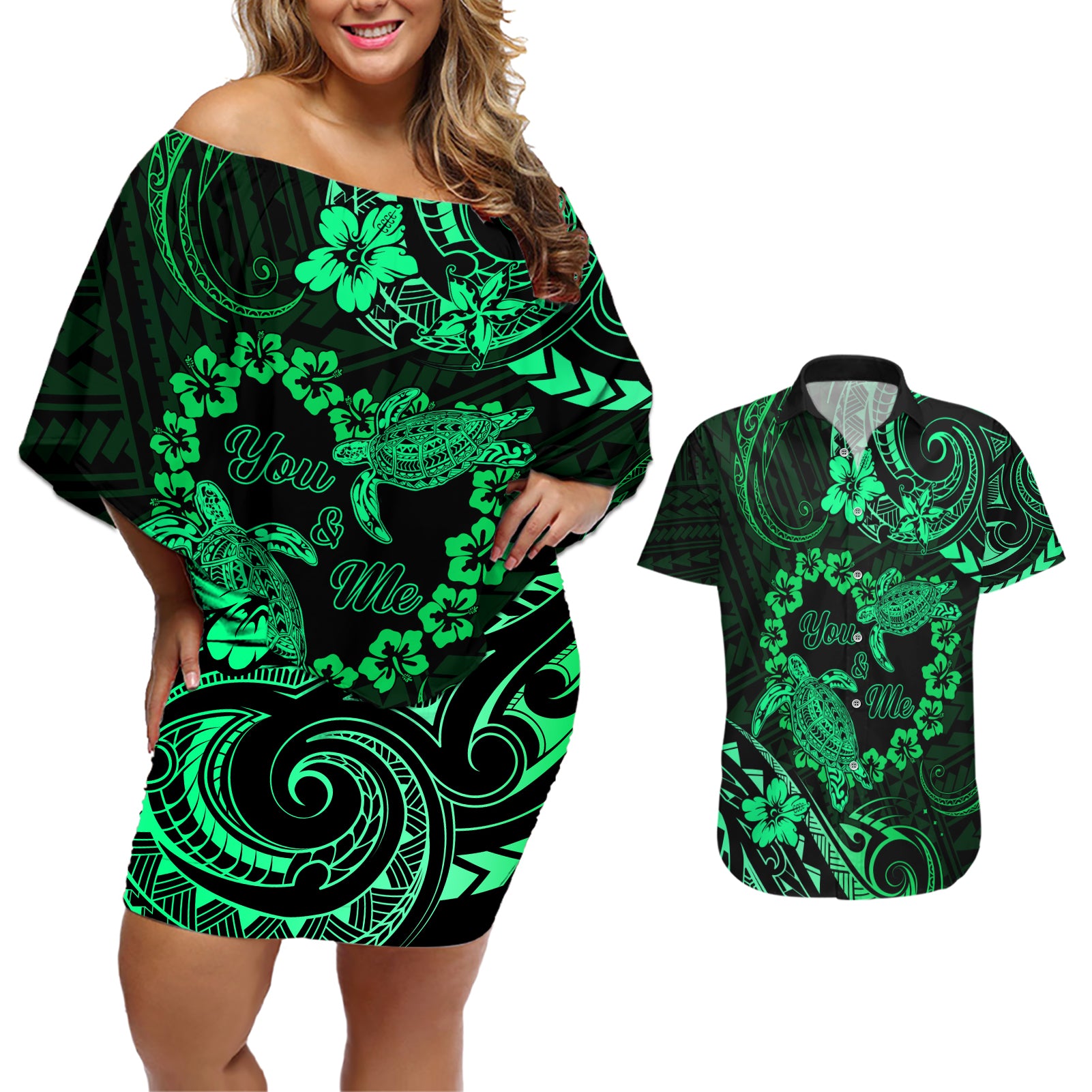 Polynesian Turtle Valentine Couples Matching Off Shoulder Short Dress and Hawaiian Shirt You And Me Green Hibiscus Heart LT01 Green - Polynesian Pride