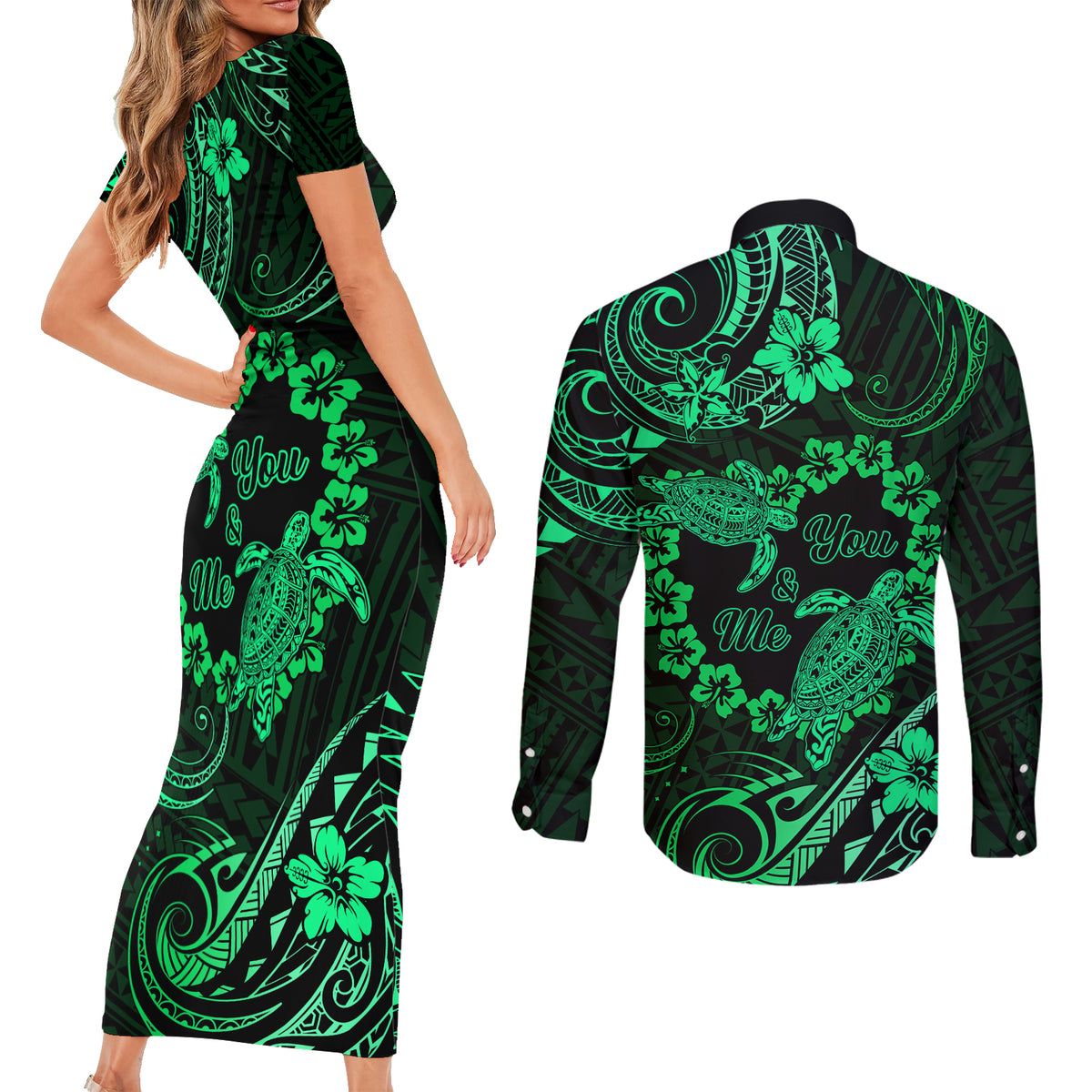 Polynesian Turtle Valentine Couples Matching Short Sleeve Bodycon Dress and Long Sleeve Button Shirt You And Me Green Hibiscus Heart LT01 - Polynesian Pride
