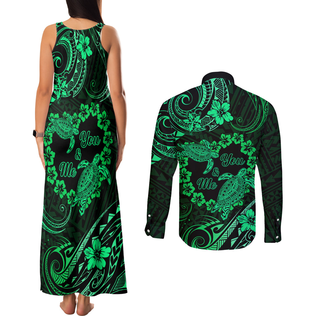 Polynesian Turtle Valentine Couples Matching Tank Maxi Dress and Long Sleeve Button Shirt You And Me Green Hibiscus Heart LT01 - Polynesian Pride