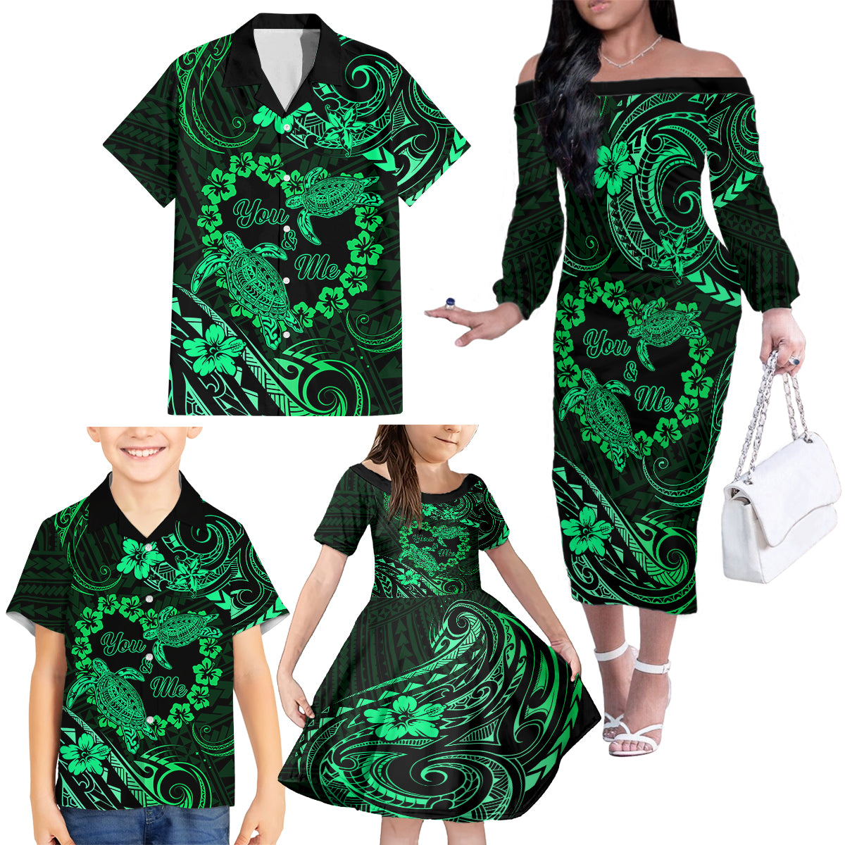 Polynesian Turtle Valentine Family Matching Off Shoulder Long Sleeve Dress and Hawaiian Shirt You And Me Green Hibiscus Heart LT01 - Polynesian Pride