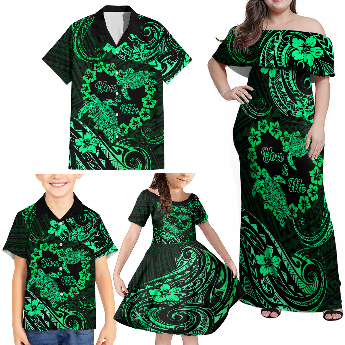 Polynesian Turtle Valentine Family Matching Off Shoulder Maxi Dress and Hawaiian Shirt You And Me Green Hibiscus Heart LT01 - Polynesian Pride