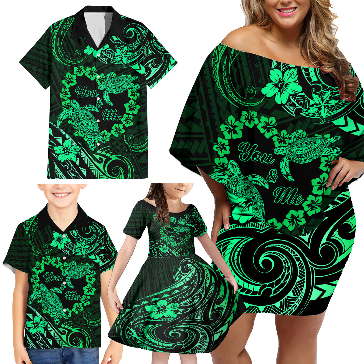 Polynesian Turtle Valentine Family Matching Off Shoulder Short Dress and Hawaiian Shirt You And Me Green Hibiscus Heart LT01 - Polynesian Pride