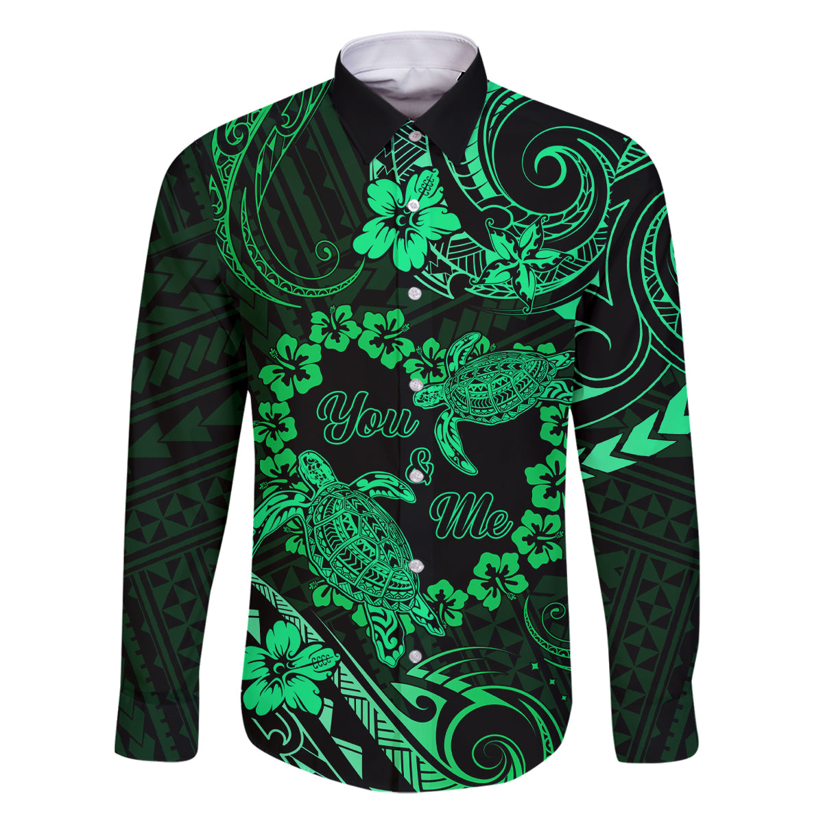 Polynesian Turtle Valentine Family Matching Off Shoulder Short Dress and Hawaiian Shirt You And Me Green Hibiscus Heart LT01 Dad's Shirt - Long Sleeve Green - Polynesian Pride