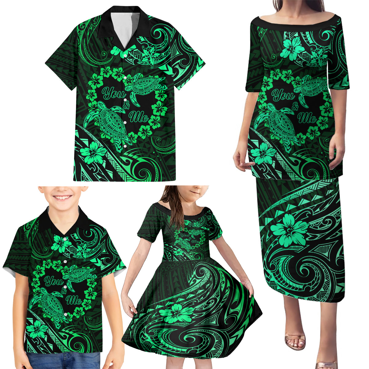 Polynesian Turtle Valentine Family Matching Puletasi and Hawaiian Shirt You And Me Green Hibiscus Heart LT01 - Polynesian Pride