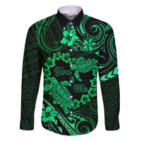 Polynesian Turtle Valentine Family Matching Puletasi and Hawaiian Shirt You And Me Green Hibiscus Heart LT01 Dad's Shirt - Long Sleeve Green - Polynesian Pride