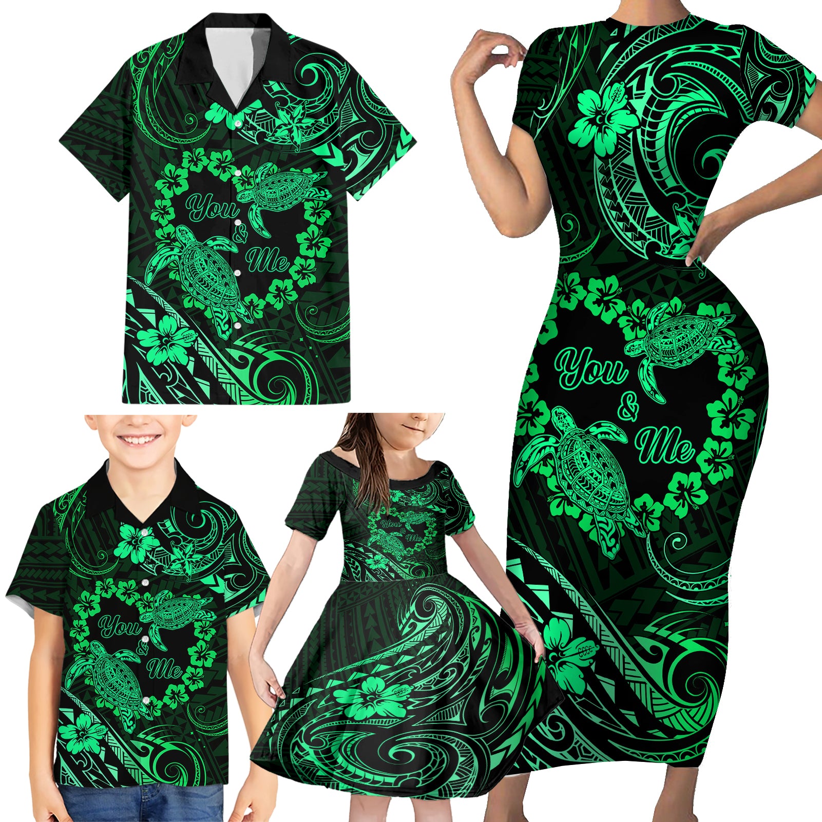 Polynesian Turtle Valentine Family Matching Short Sleeve Bodycon Dress and Hawaiian Shirt You And Me Green Hibiscus Heart LT01 - Polynesian Pride