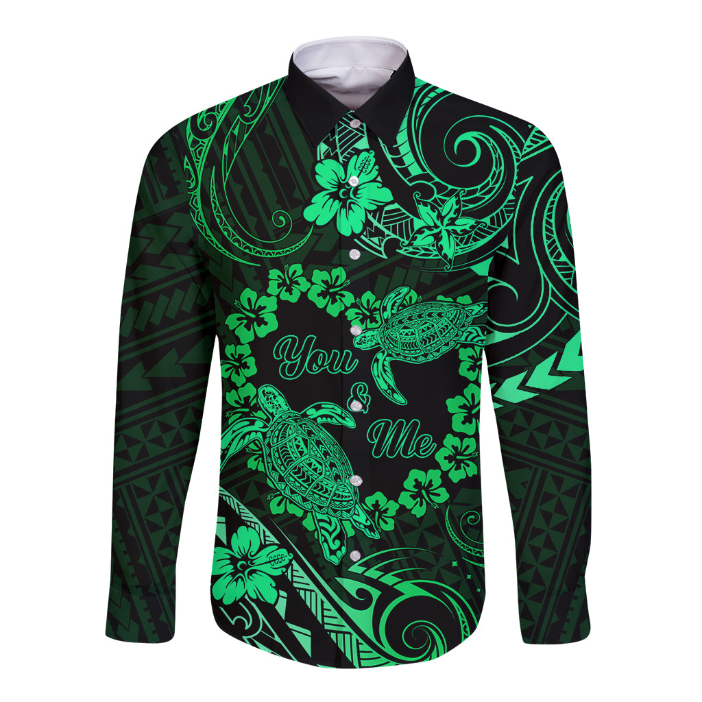 Polynesian Turtle Valentine Long Sleeve Button Shirt You And Me Green Hibiscus Heart LT01 Unisex Green - Polynesian Pride