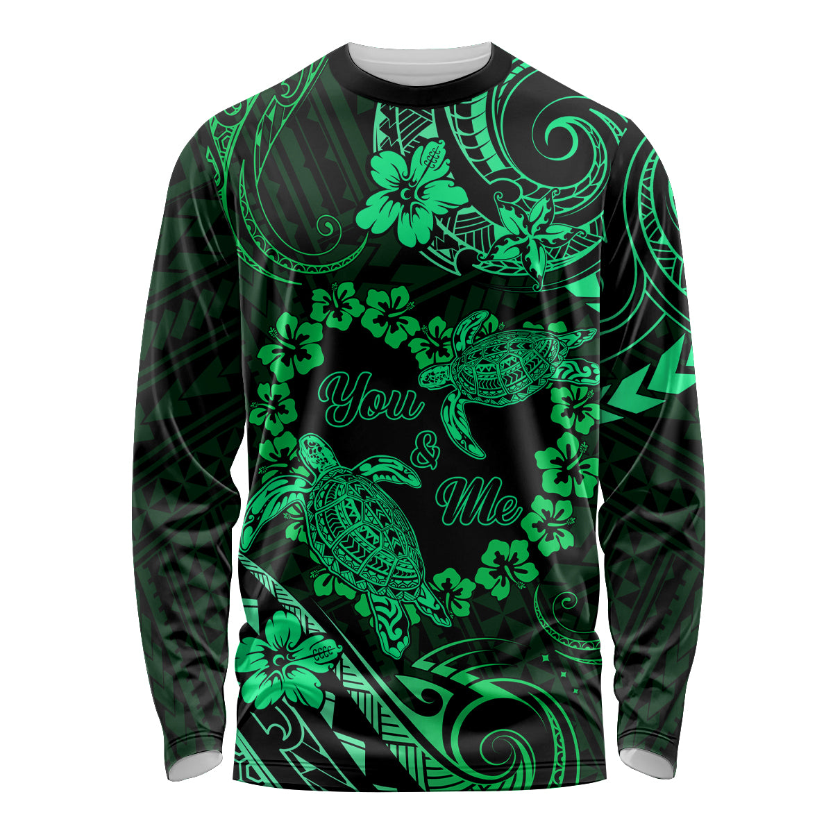 Polynesian Turtle Valentine Long Sleeve Shirt You And Me Green Hibiscus Heart LT01 Unisex Green - Polynesian Pride