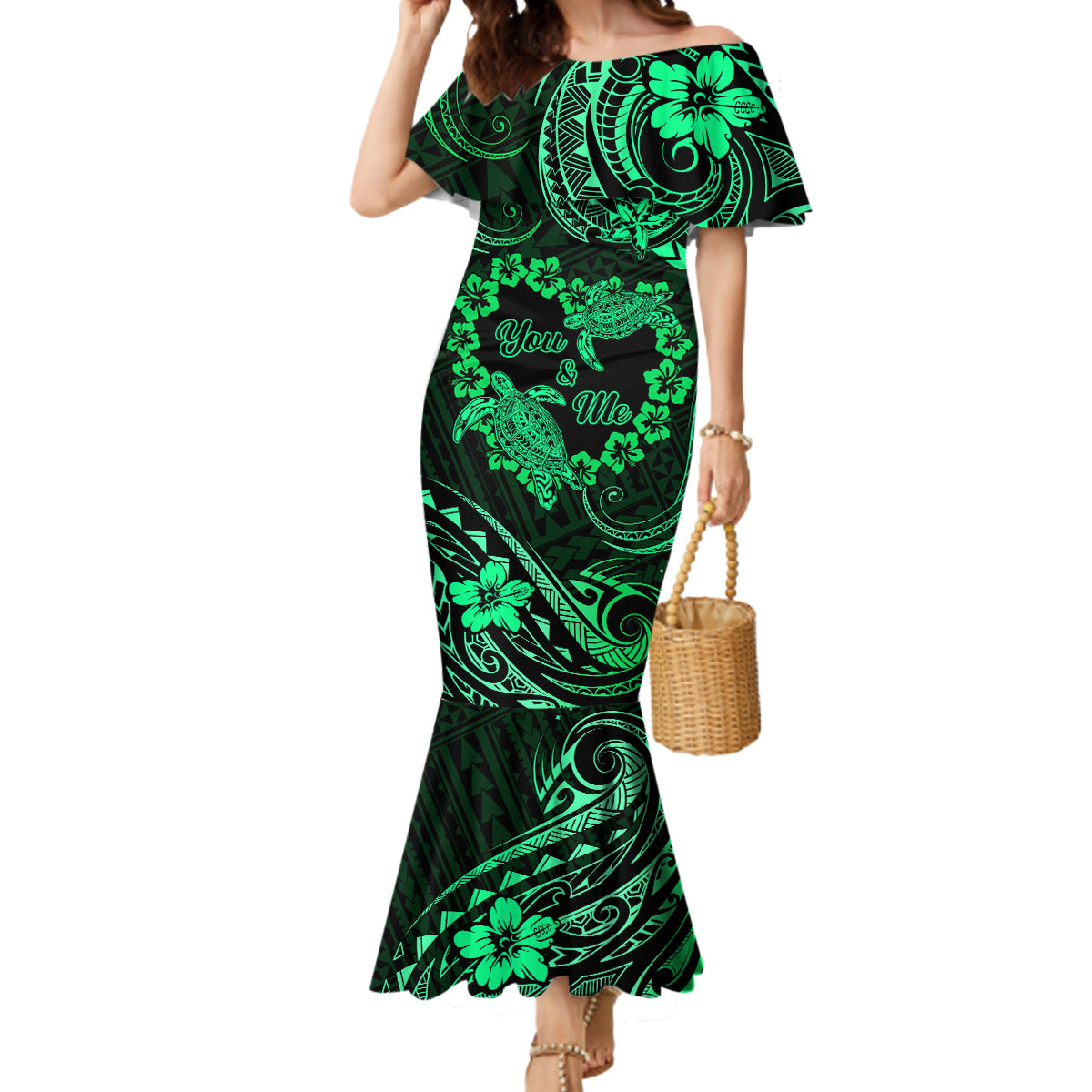 Polynesian Turtle Valentine Mermaid Dress You And Me Green Hibiscus Heart LT01 Women Green - Polynesian Pride